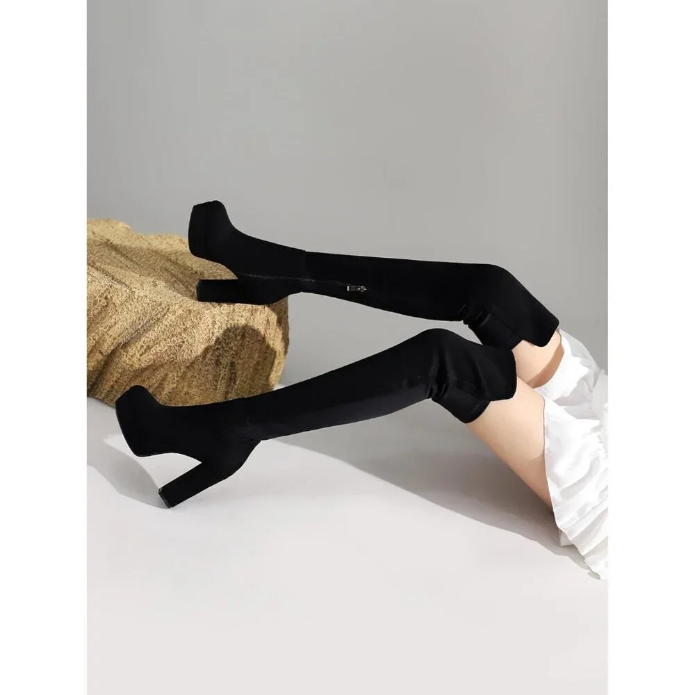 Women Black-pj-suede Synthetic Chunky Heel Side Zipper Thigh High Western Boots